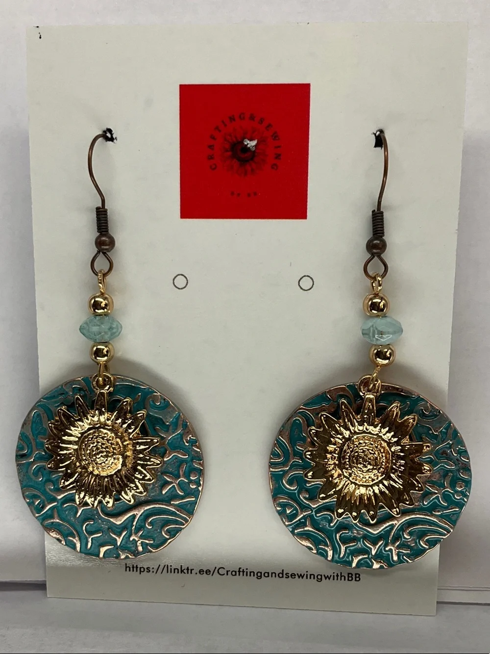 Gold Sunflower Teal Drop Earrings by CraftingAndSewingWithBB